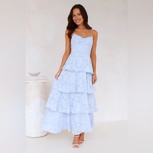 Hello Molly “Thriving Now” Blue Ruffled Tiered Maxi Dress NWOT